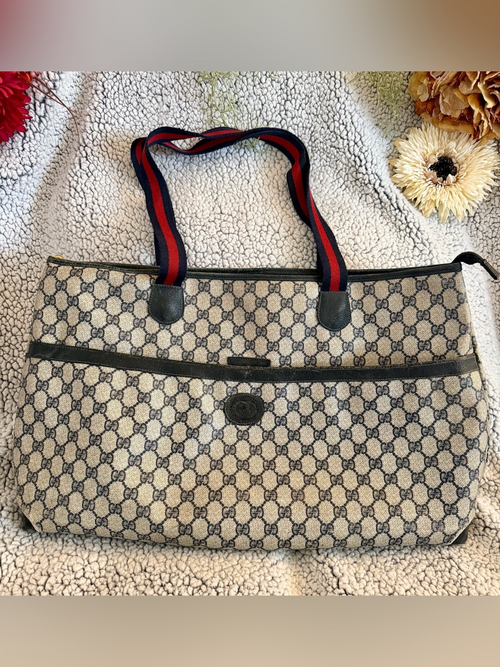 Vintage Gucci Tote Bag - Beige and Navy